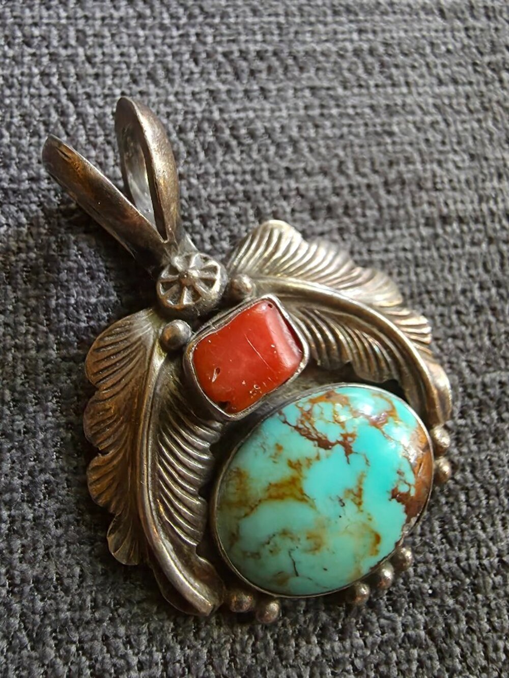 Wydell Billie Navajo Turquoise and Coral Sterling Silver Feather Pendant Rydell
